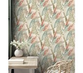 Muestra DIN A4 de Papel pintado de hojas tropicales tonos verdes terracota claro y marfil - Jungle Jacquard 682819 de GAULAN