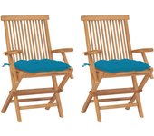 vidaXL Sillas de jardín 2 uds madera maciza de teca con cojines