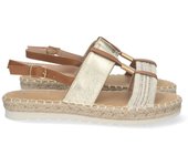 Davinia Shoes Sandalia Plana para Mujer, Comoda, Forrada de Yute, Doble Pala, Talon Abierto, y Cierre de Hebilla, Primavera Verano 2023 Shoes&Blues.es 2FB-2182-Oro