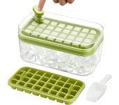 Cubiteras con tapa y recipiente para congelador, 2 x 32 apilables de silicona, fácil de liberar con un solo clic, aptas para whisky, cócteles y bebidas, con pala para hielo (verde)