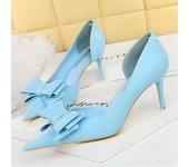 Women 7.5cm 10cm High Heels Leather Pumps Scarpins Sweet Cute Bow Low Heels Lady Fetish Wedding Bridal Pink Yellow Blue Shoes