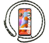 Tumundosmartphone Funda Colgante Transparente para Samsung Galaxy A11 / M11 con Cordon Verde / Dorado