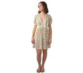 Lula Natura, vestido corto mujer Emma fondo crudo y estampado verde con pasamaneria y abotonado