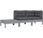 vidaXL Juego muebles de jardín 3 pzas cojines gris madera pino maciza Conjunto Terraza Muebles Jardín Exterior Juego de Muebles de jardín Mueble Jardín Exterior Muebles de Salon Exterior