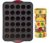Pack repostería:Lacasitos Bote 225 G+Silitop" molde silicona 30 flautas negro rojo