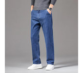 Men's Loose Business Casual Jeans Classic Style Straight-fit Stretch-denim Pants Dark Blue Male Brand Trousers