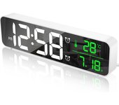 Reloj Despertador Digital, Reloj de Pared Reloj Despertador Matutino Espejo Digital LED Pantalla Grande con Temperatura de Fecha, 2 Alarmas, 40 Música, 6 Brillo Regulable, Reloj USB para Oficina en Casa, Blanco
