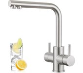 Grifo de Cocina de 4 Vías, Grifo Cocina de Agua con Gas Giratorio 360°, Grifo Cocina Cuatro Vías con Dos Asas, Grifo Cocina Fregadero Osmosis, Acero Inoxidable