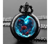 Red Rose Blue Starry Quartz Movement Pocket Watch,Stylish Black Necklace Chain,Classic Exquisite Gift Watch For Women Girls