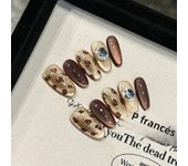 10pcs Shimmery Brown Cat's Eye Press On Nail Glossy Diamond Leopard Print Handmade False Nails Reusable Almond Fake Nail Tips