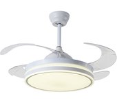IluminaShop - Ventilador de Techo LED Blanco 4 Aspas Transparentes DC 72W Ø108cm 3000+4000+6000 con Mando a Distancia y Palas Retractiles