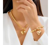 2Pcs Luxury Gold Color Beads Heart Pendant Necklace Bracelet for Women Punk Vintage OT Buckle Choker Wedding Party Jewelry Set