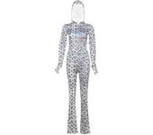 Weird Puss Women Tracksuit 2 Piece Set Leopard Letter Print Sporty Casual Hooded Crop Jacket+Flare Pants Stretch Matching Suits