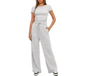 Fashion Classic Skinny Two Piece Outfits Summer Short Sleeve Ruched Tops And Wide Leg Long Pants Tracksuit Matching Set For Lady