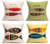 Funda de almohada con temática de peces y océano, funda de cojín náutico, funda de cojín de playa, 18 x 18 pulgadas, juego de 4
