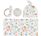 4PCS Set Newborn Receiving Blanket with Matching Headband Beanie Wooden Birth Announcement Card Infant Hospital Swaddle Blanket