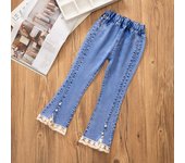 Girls' Jeans Spring and Autumn New Casual 3-12 Year Old Children's Loose Flare Pants Lace Pearl Girls' Denim Pants