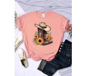 Cartoons Women T-Shirts Cowboy Riding Boots & Sunflowers Printed Tees O-Neck Comfortable Soft Short Sleeve Summer Female Clothes