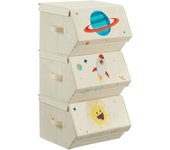 SONGMICS Cajas de Juguetes para Niños, Juego de 3 Cajas de Almacenamiento Apilables y Plegables, con Asas y Tapa Magnética, Habitación Infantil y Cuarto de Juegos, Tema del Espacio, Azul/Beige