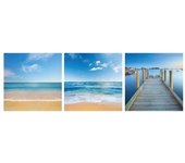 Dcasa Set de 3 cuadros cabeceros de playa fotoimpresos sobre lienzo azules de 50x50 cm