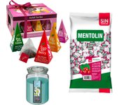 Pack Balsámico: MENTOLIN ARANDANO S/A BOLSA 1KG + WELL HOME - Vela perfumada con flor tiare + WELL HOME - Caja de Té Joyfull con variedad de sabores