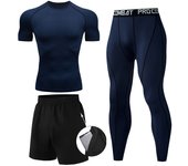 3 Pieces Fitness Suits Athletic Workout Compression Sets for Men Short Sleeve Rash Guard Undershirt Tops Leggings Pants Shorts