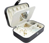 Organizador de joyas de viaje, pequeño joyero de piel sintética con espejo para pendientes, anillos, collares, estuche de almacenamiento de joyas