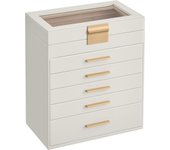SONGMICS Caja de Joyas, Caja Joyero con 6 Niveles, Estuche para Joyería con Tapa de Cristal, 5 Cajones, para Gafas de Sol, Joyas Grandes, Moderno, Blanco Nube y Dorado