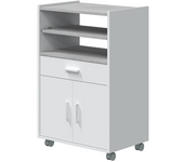 Meimon Mueble microondas TIDY 1 cajón, 2 puertas y bandeja extraíble, melaminado E1 (15 mm), cantos PVC/melamínicos, ruedas ABS, guías y bisagras metálicas, 92x59x40 cm, carga máx. 25 kg, cajón MDF blanco 10x53x35 cm