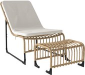 Outsunny Conjunto de Sillón de Jardín con Reposapiés de Ratán Sintético Sillón para Exterior con Cojín Acolchado y Estructura de Acero Natural y Beige