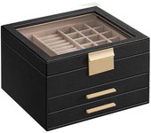 Joyero con tapa de cristal, organizador de joyas de 3 capas con 2 cajones, almacenamiento de joyas, idea de regalo, 20,3 x 23,1 x 13,5 cm