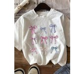 Bow print t-shirt, short sleeve crew neck casual top for summer & spring, women's clothing