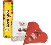 Set San Valentín - Megatubo Lacasitos 1,5 Kg "Te Quiero" + Bombones Corazón Mr. Wonderful (Color y Frase) - Romántico y Dulce - Marca Lacasa S.A. - Box de Chocolates Decorativo para Regalo