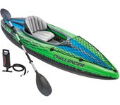 INTEX - Kayak hinchable Challenger K1 o K2, para 1 o 2 personas, con accesorios, remo e hinchador, asiento, respaldo y suelo hinchables, red de sujeción, red porta objetos, diseño verde y negro, con bolsa transporte, kayaks hinchables