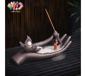 Zen Buddha Hand Louts Backflow Incense Burner Incense Stick Holder Purple Clay Censer Office Tea House Decorate