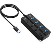 Ociodual Hub Adaptador 4 Tomas USB 3.0 Botones ON/OFF Negro para PC Ordenador Portatil Interruptores Independientes con Luz LED