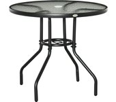 Outsunny Mesa de Jardín Redonda Mesa de Exterior Ø80x72 cm con Agujero para Sombrilla y Encimera de Vidrio Templado para Patio Terraza Negro