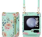 Purse Crossbody Phone Case for Samsung Galaxy Z Flip 5 4 3 5G Flip4 Flip5 Retro Rose Cards Holder Shockproof Leather Lanyard