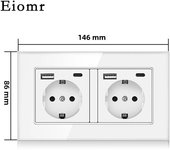 Eiomr  EU Standard  Usb Wall Socket, Light Switch, White Tempered Crystal Glass Panel, 2.1A Type C Ports Wall Electrical Outlets