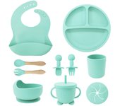 Vajilla Infantil de silicona 10 piezas Vajilla Infantil with Sucker Cuaderno Sucker Plato Infantil mango de Madera EDOR babero Infantil de silicona juego de vainilla Infantil de silicona