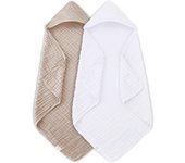 Paquete de 2 Toallas con capucha para Bebe, 100% Algodón muselina, Toalla de baño para Bebe con capucha para recién nasido, 32x32 pulgadas, beige Y marrón