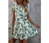 Verde Vestido Estampado Verano Manga Corta con Volantes