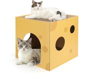 Nobleza - Casa Gato con Rascador para Gatos de Cartón y Hierba Gatera, Cama para Gatos Litera, Cueva para Gatos de Cartón Plegable, Juguetes para Gatos Pequeños y Medianos, L35*W35*H35CM, Amarillo