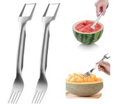 Cortador de frutas de acero inoxidable 2 en 1, cortador de sandía con tenedor, herramienta cortadora, cortador de sandía con tenedor de fruta de doble cabezal (1 pieza)