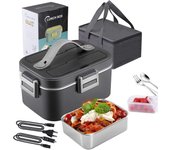 Fiambrera Eléctrica, 75W Calentador de Comida Portátil a Prueba de Fugas, 1.8L Fiambrera Microondas Bento, Función de Termostato Incorporada, Fiambrera Desmontable con Contenedor de Acero Inoxidable, 12V/24V/220V