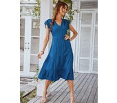 Spring Summer Women V Neck Flying Sleeve Solid Leisure Vacation Medium Long Dress