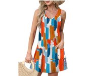 Vestidos Cortos Verano para Mujer Vestido Casual Cuello en V Estampada Retro Vestido sin Manga Informal Vestido de Playa Vacaciones(Multicolor,S-XXXL)