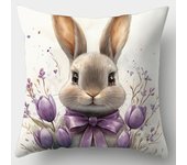 Easter Bunny Cushion Cover Square Flower Basket Purple Tulip Printed Pillow Cover for Living Room Sofa Bedroom Decorations
