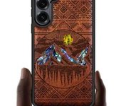 Funda magnética de madera para Galaxy S25+/S25 Plus, con grabado artesanal de madera e incrustaciones de concha, compatible con cargadores inalámbricos MagSafe (estilo azteca, lagos alpinos) rosa