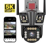 Cámara de vigilancia WiFi para exteriores, cámara IP Wifi 5K HD, lente triple de 12MP, seguimiento automático de vídeo de tres pantallas